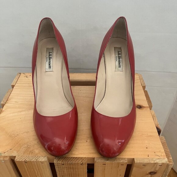 L.K. Bennett Size 8 Red Stila Patent Leather Round Toe Stiletto Pump Court Heels - Picture 3 of 12